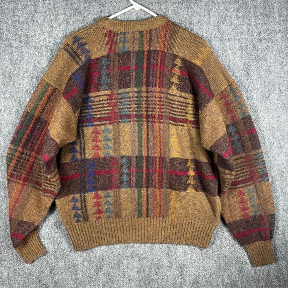Thornton Bay Sweater Mens L Brown Plaid Shetland Wool Made in England Vintage - Picture 2 of 5